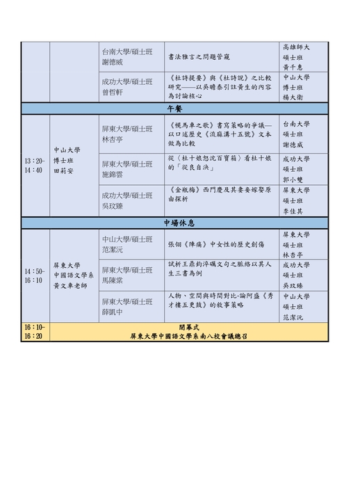 第45屆南區八校中文系碩博士生論文發表議程表圖片